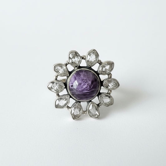 Bague Fleur en Argent avec Charoïte et Diamant Herkimer CELESTIAL BLOOM