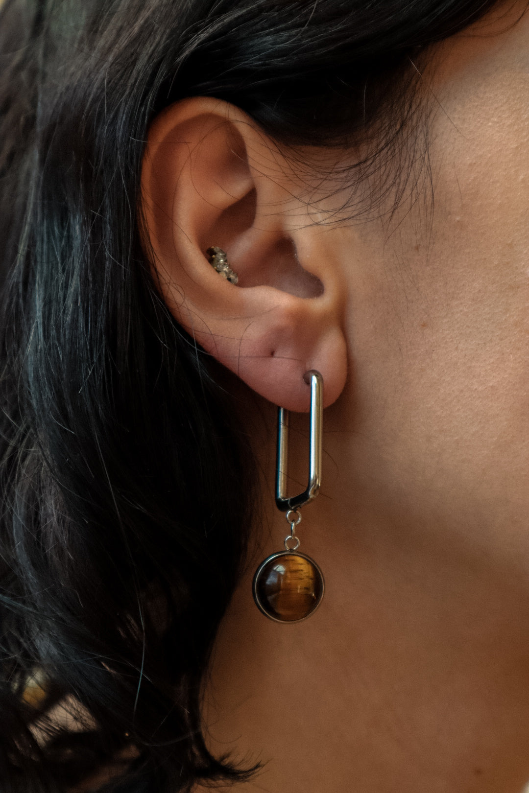 CARRE Tiger's Eye Rectangle Hoop Earrings Silver