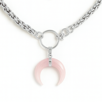AURA Rose Quartz Horn O Ring Wheat Chain Choker Silver