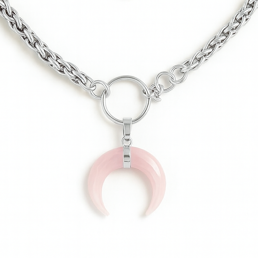 AURA Rose Quartz Horn O Ring Wheat Chain Choker Silver