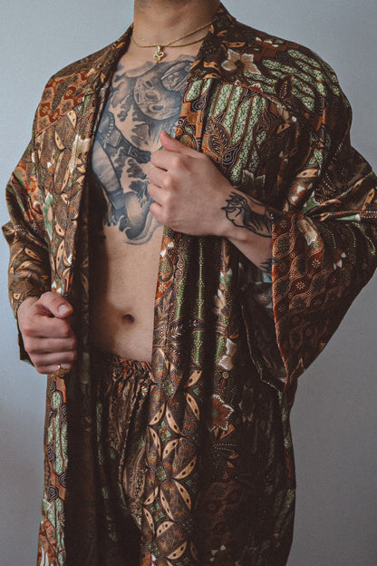 Robe Kimono Longue Marron et Or Duster Homme - Earth Nomad