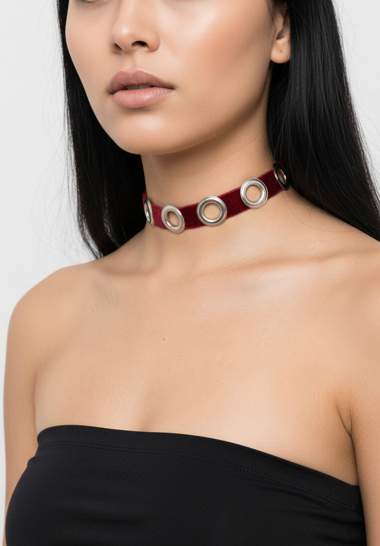 NOCTRA Velvet Grommet Choker Red/Silver