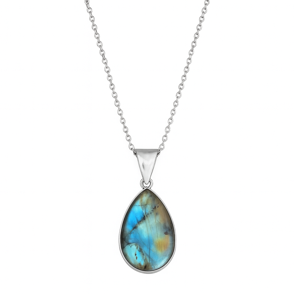 Teardrop-shaped labradorite pendant on a silver chain against a white background