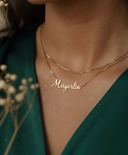 Personalized Name Modern Script Font Box Chain Necklace Gold