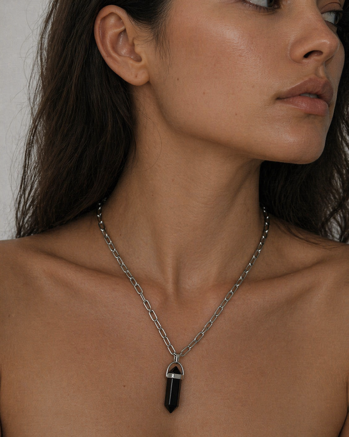 ECLIPSE Black Obsidian Point Paperclip Chain Necklace Silver