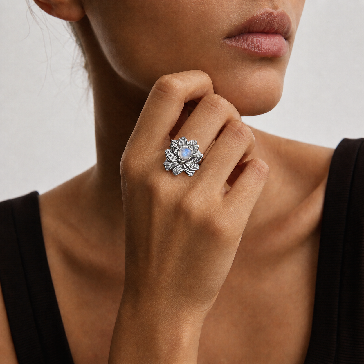 LOTUS Rainbow Moonstone Lotus Flower Ring Silver