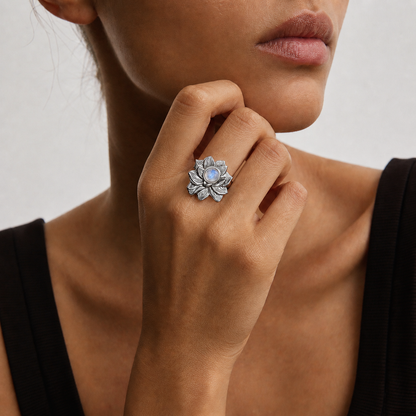LOTUS Rainbow Moonstone Lotus Flower Ring Silver