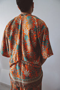 Burnt Orange Floral Silk Kimono Shorts Set Mens