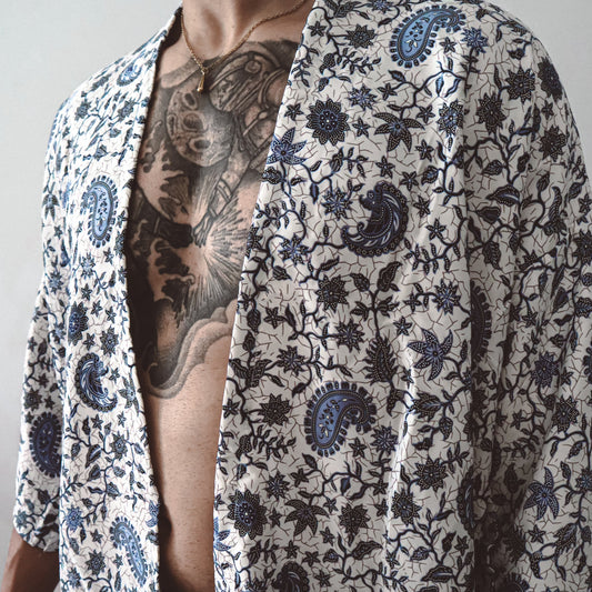 Blue & White Silk Kimono and Shorts Set for Men