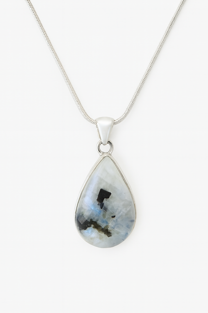 CELESTIAL VEIN Rainbow Moonstone Black Tourmaline Pendant Necklace 925 Silver