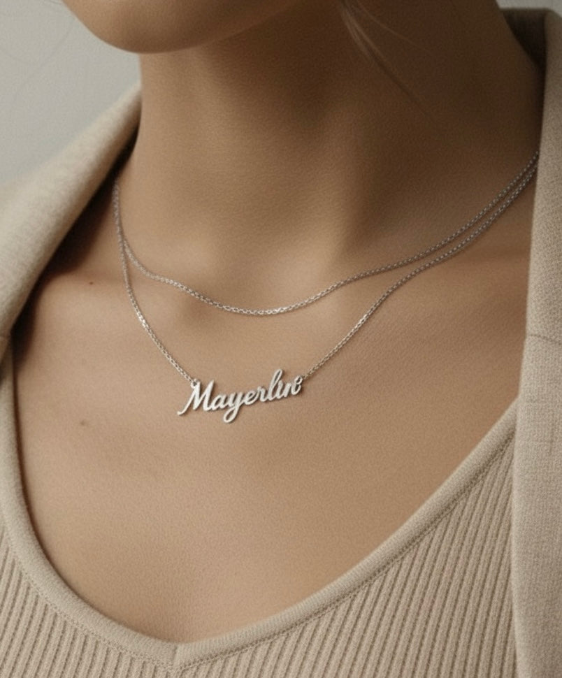 Personalized Name Modern Script Font Box Chain Necklace Silver