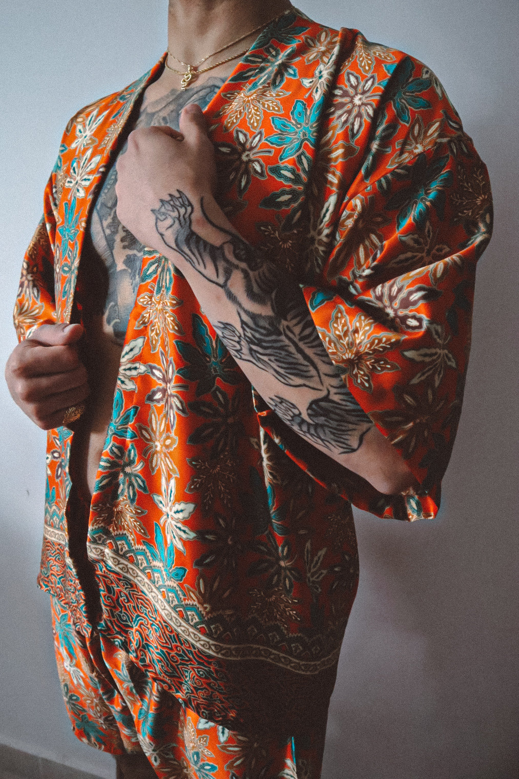 Burnt Orange Floral Silk Kimono Shorts Set Mens