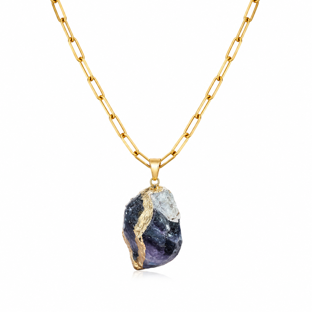 ELARION Raw Rainbow Fluorite Pendant Paperclip Chain Necklace Gold