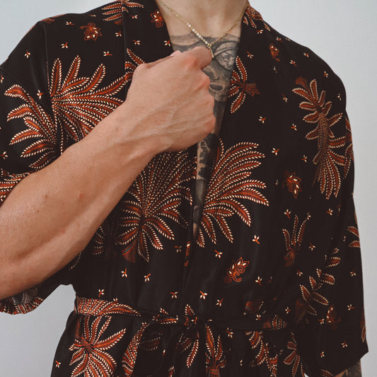 Black & Red Silk Kimono Robe and Shorts Set for Men