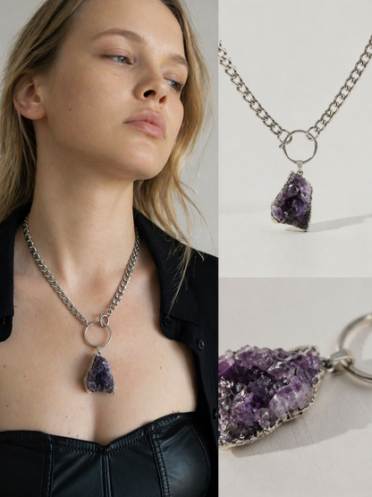 ECHELON Raw Amethyst O Ring Choker Necklace Silver