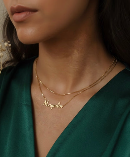 Personalized Name Modern Script Font Box Chain Necklace Gold