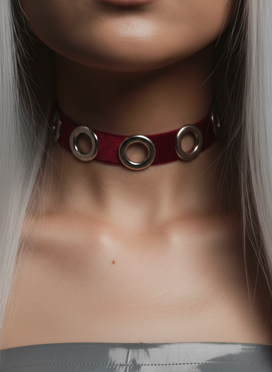 NOCTRA Velvet Grommet Choker Red/Silver