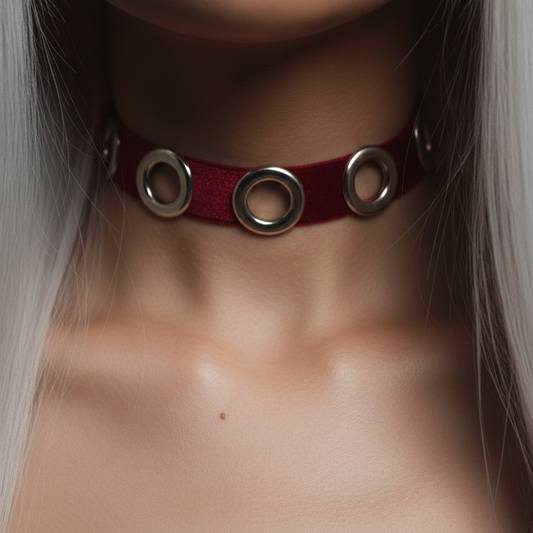 NOCTRA Velvet Grommet Choker Red/Silver