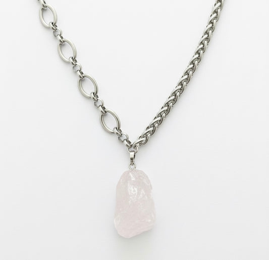 VIREA Raw Rose Quartz Mixed Chain Necklace Silver