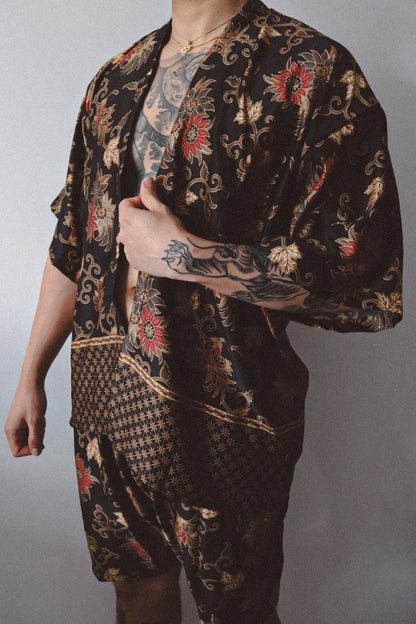 Black Gold Floral Silk Kimono Shorts Set Mens