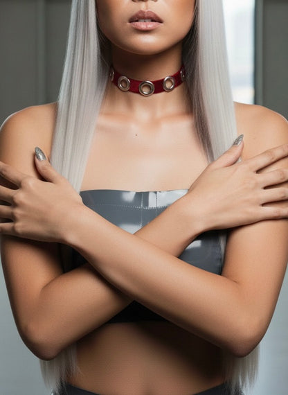 NOCTRA Velvet Grommet Choker Red/Silver