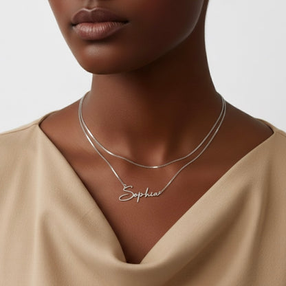 Personalized Name Modern Script Font Box Chain Necklace Silver