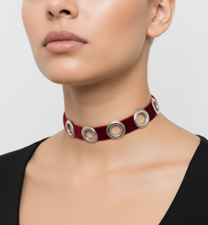 NOCTRA Velvet Grommet Choker Red/Silver