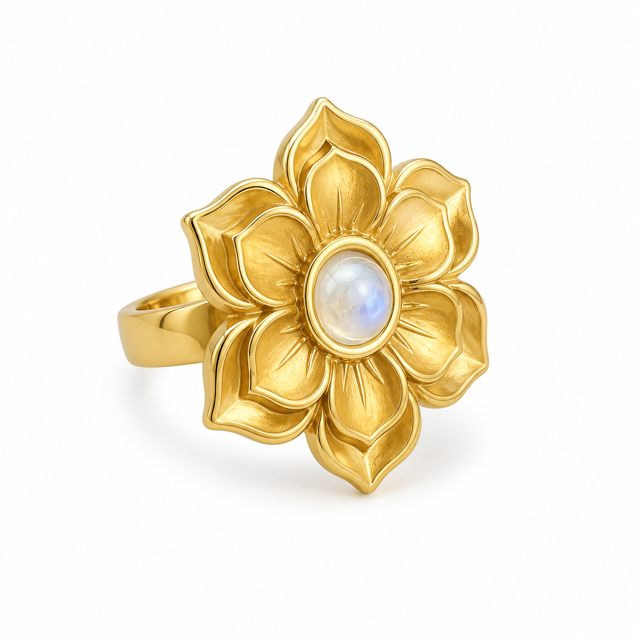 RISE Rainbow Moonstone Lotus Flower Ring Gold