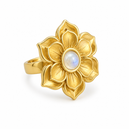 RISE Rainbow Moonstone Lotus Flower Ring Gold