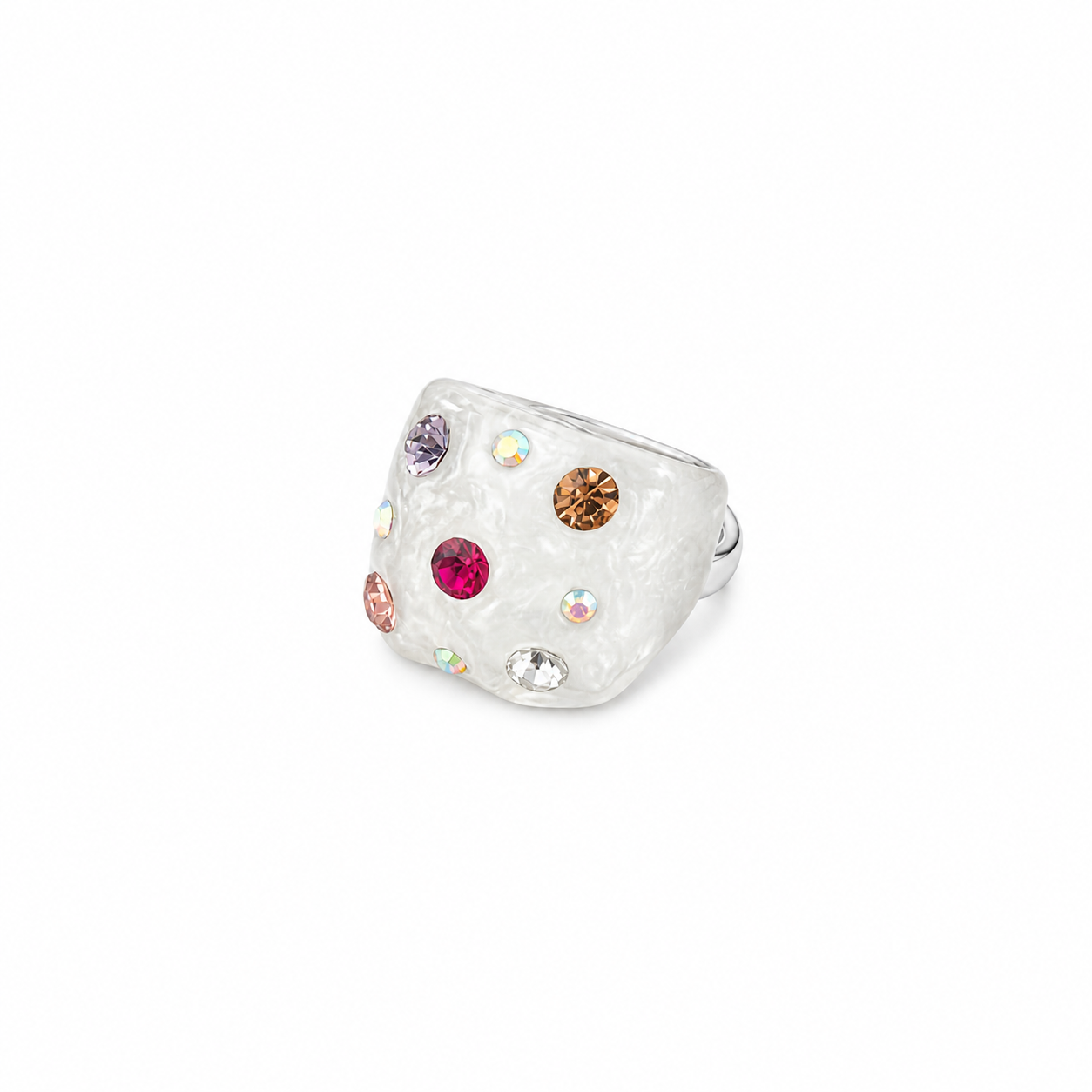 Silver ring with colorful gemstones on a white background