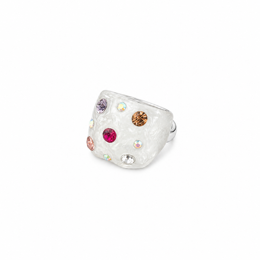 Silver ring with colorful gemstones on a white background