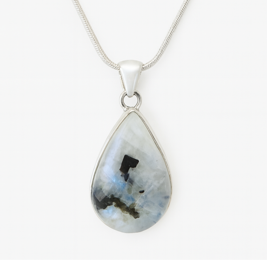 CELESTIAL VEIN Rainbow Moonstone Black Tourmaline Pendant Necklace 925 Silver