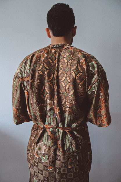 Brown Gold Silk Kimono and Shorts Set Mens - Earth Nomad