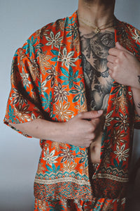 Burnt Orange Floral Silk Kimono Shorts Set Mens