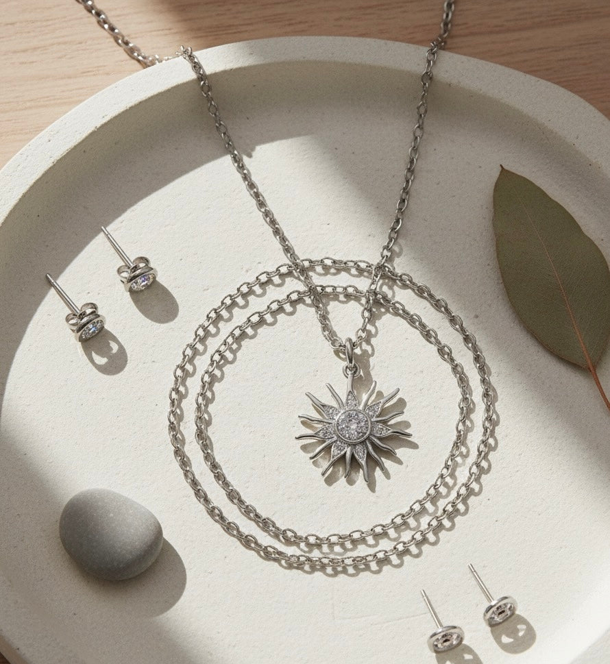 SOLIS Sun Charm Cubic Zirconia Chain Necklace Silver