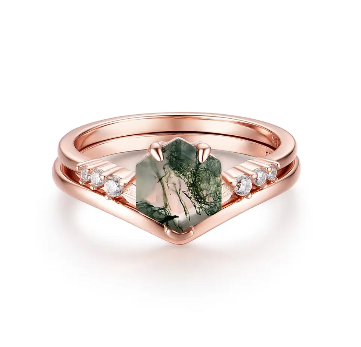 ARANYA Moss Agate Engagement Ring Set - Rose Gold