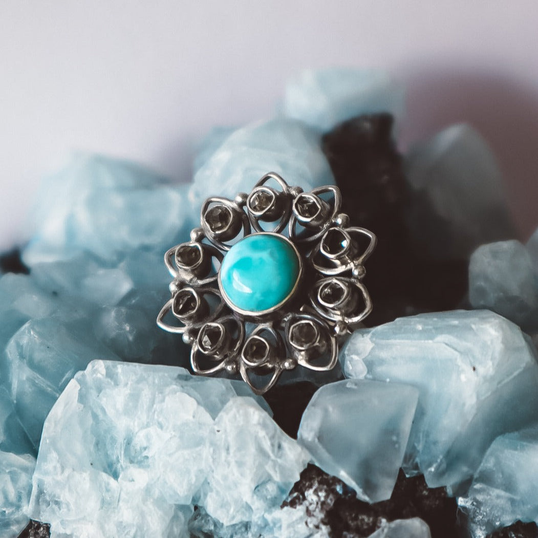 DOMINICA Larimar and Herkimer Diamond Ring - 925 Silver
