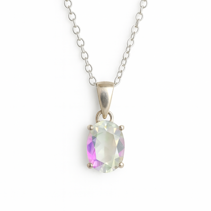 Silver necklace with a pendant featuring a colorful gemstone on a white background