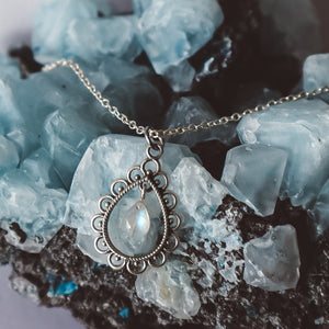 Moonstone Drop Pendant Necklace - 925 Silver