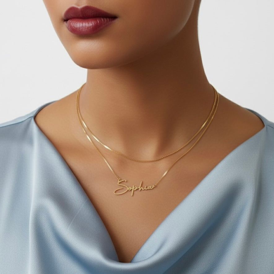 Personalized Name Modern Script Font Box Chain Necklace Gold