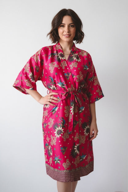 PLUMERIA Pink Floral Silk Kimono Robe