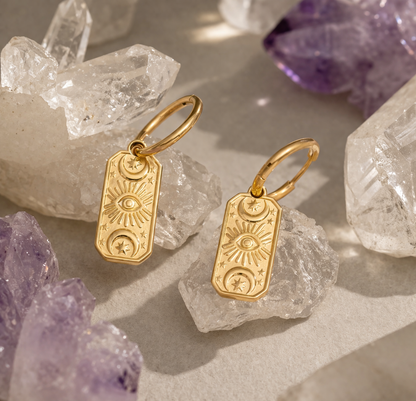 LUNAR GAZE Evil Eye Dangle Charm Hoop Earrings Gold
