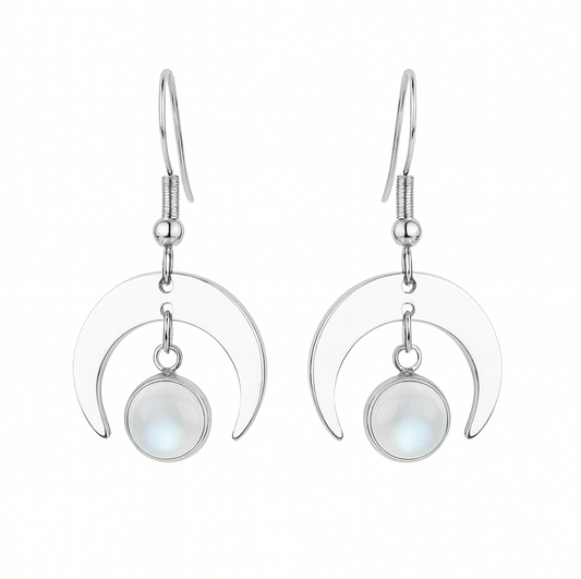 MOON SHADOW Moonstone Dainty Moon Earrings Silver
