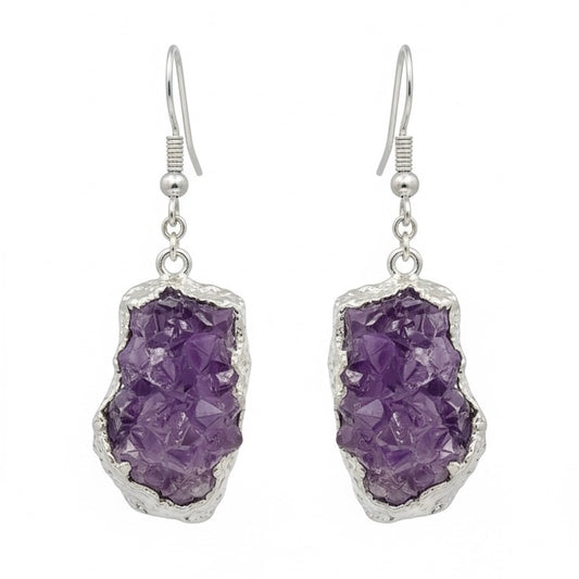 AMARA Raw Amethyst Cluster Dangle Charm Earrings Silver
