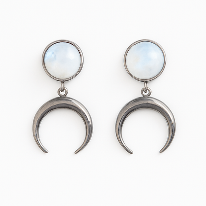 ANUK Rainbow Moonstone Crescent Moon Charm Earrings Silver