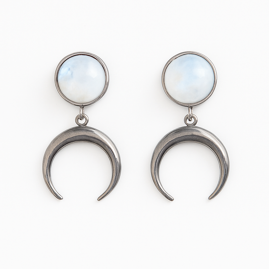 ANUK Rainbow Moonstone Crescent Moon Charm Earrings Silver