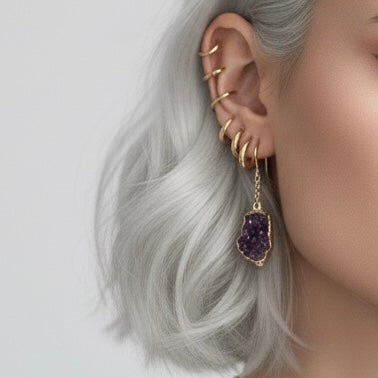 AMARA Raw Amethyst Cluster Chain Charm Earrings Gold