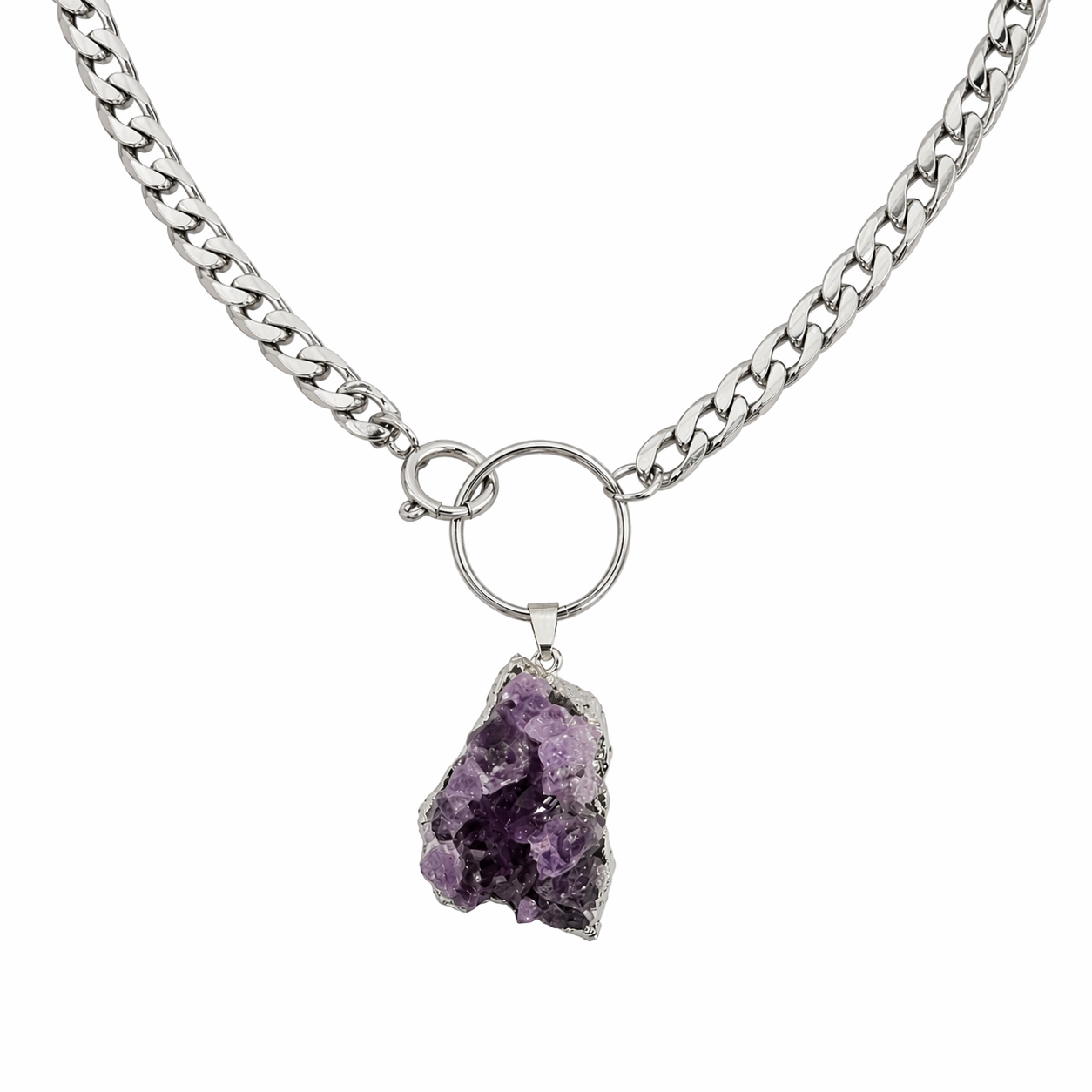 ECHELON Raw Amethyst O Ring Choker Necklace Silver