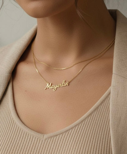 Personalized Name Modern Script Font Box Chain Necklace Gold