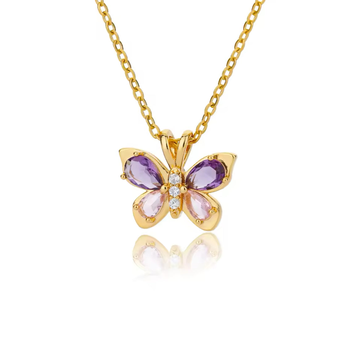 FLUTTER Pink Purple Crystal Butterfly Necklace Gold